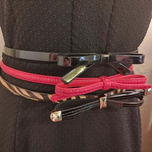 White House Black Market 3 Thin Textured Waist Belts Bows Black Red Animal Print - Picture 6 of 16